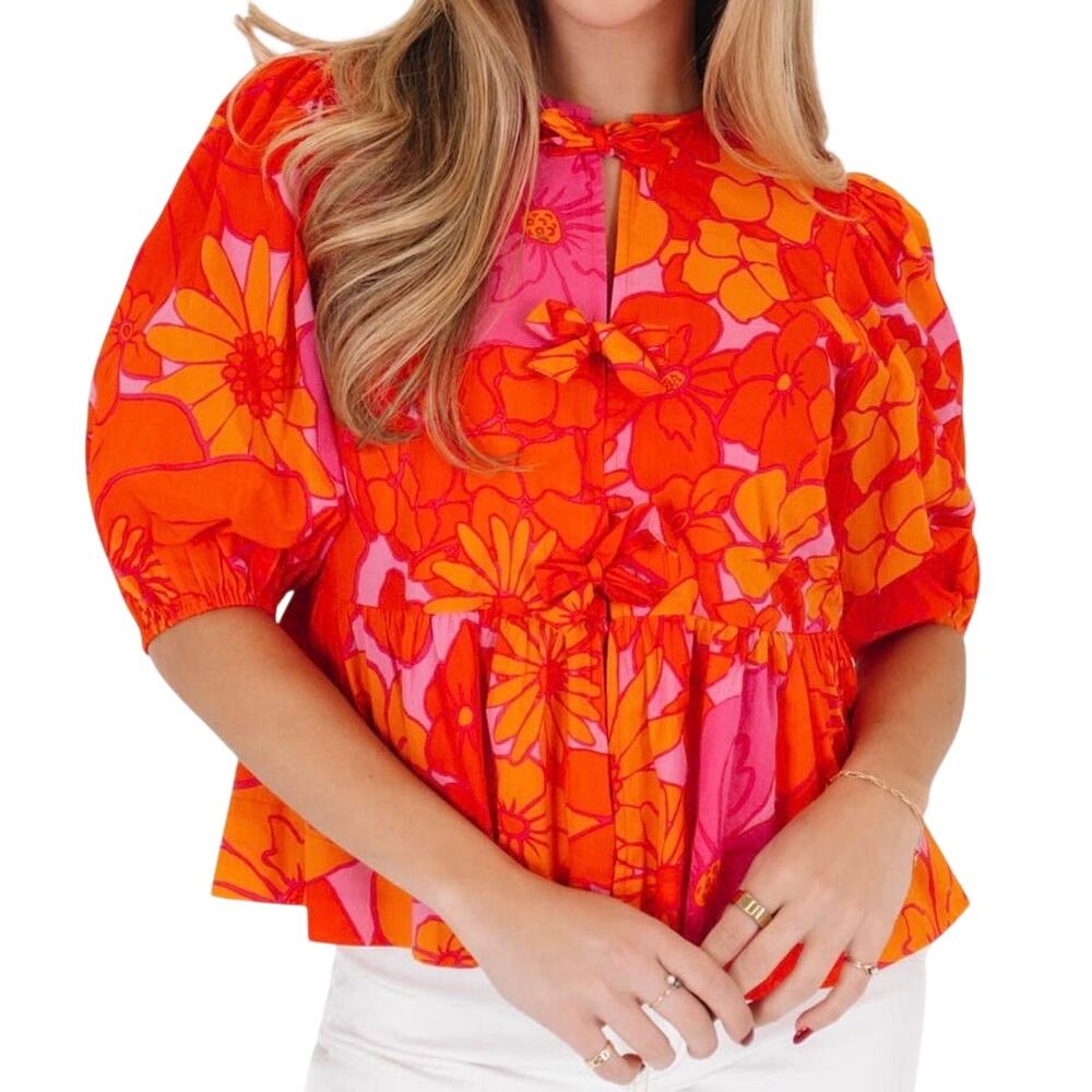 J.Marie The Lizzie Floral Tie Top - Orange Pink Size XS
